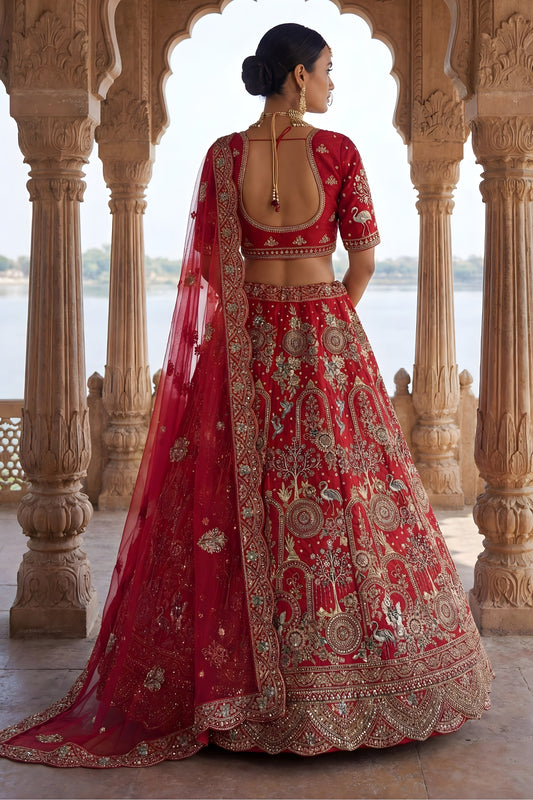 Premium Red Heavy Embroidered Silk Bridal Lehenga Choli with Net Dupatta