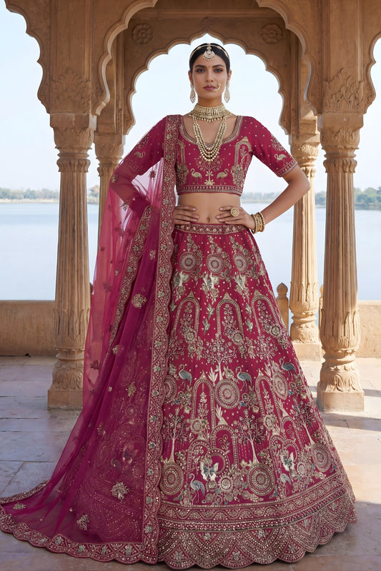 Glorious Rani Pink Heavy Embroidered Silk Bridal Lehenga Choli with Net Dupatta for Wedding