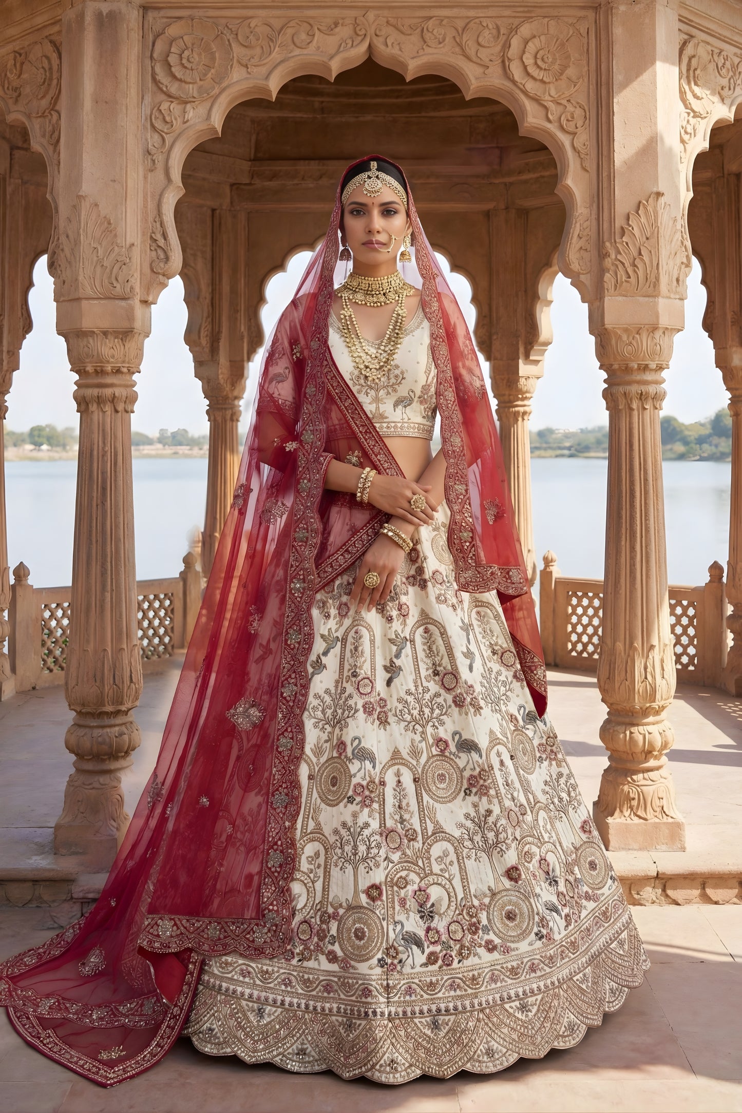 Stylish Off-White Heavy Embroidered Silk Bridal Lehenga Choli with Net Dupatta for Wedding