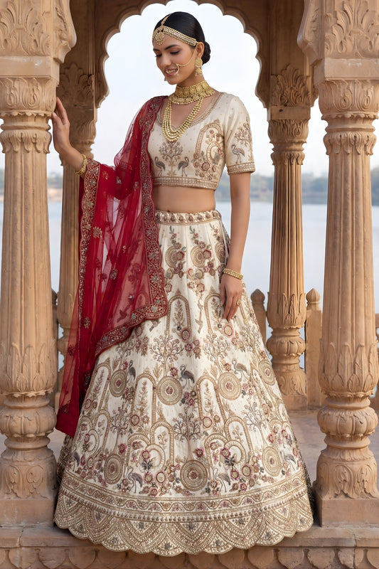 Stylish Off-White Heavy Embroidered Silk Bridal Lehenga Choli with Net Dupatta for Wedding
