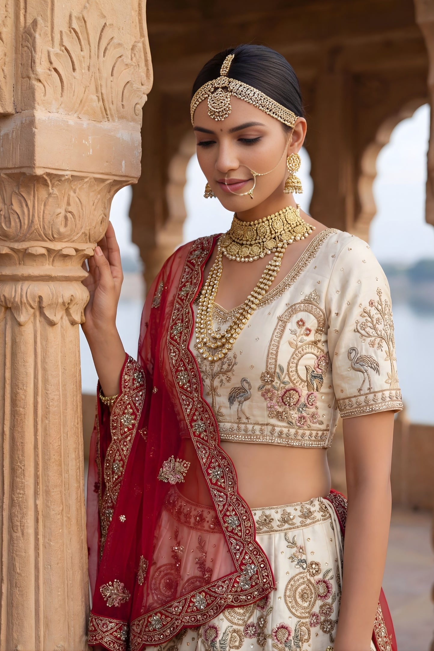 Stylish Off-White Heavy Embroidered Silk Bridal Lehenga Choli with Net Dupatta for Wedding