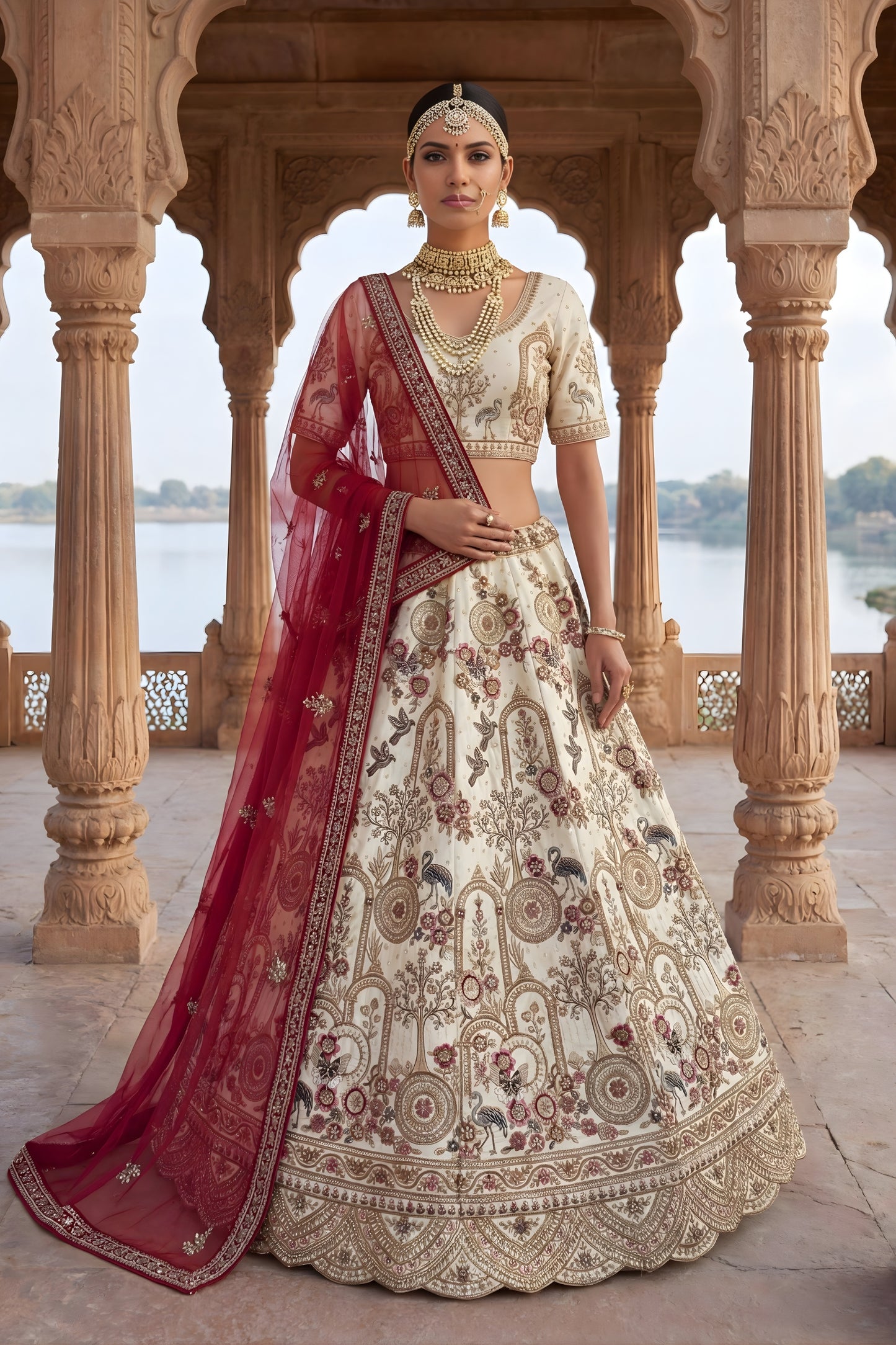 Stylish Off-White Heavy Embroidered Silk Bridal Lehenga Choli with Net Dupatta for Wedding