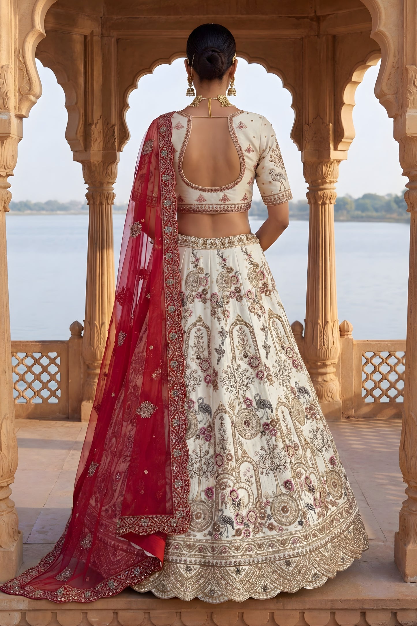 Stylish Off-White Heavy Embroidered Silk Bridal Lehenga Choli with Net Dupatta for Wedding