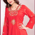 Elegant Red Muslin Embroidered Party Wear Gown for Women
