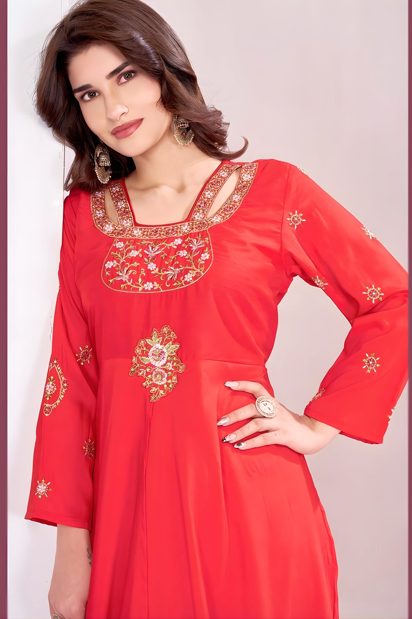 Elegant Red Muslin Embroidered Party Wear Gown for Women