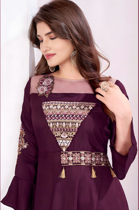 Superb Wine Muslin Embroidered Party Wear Gown for Women