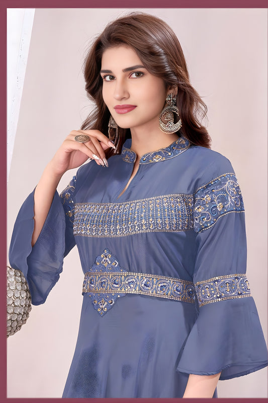 Trendy Grey Muslin Embroidered Party Wear Gown for Women