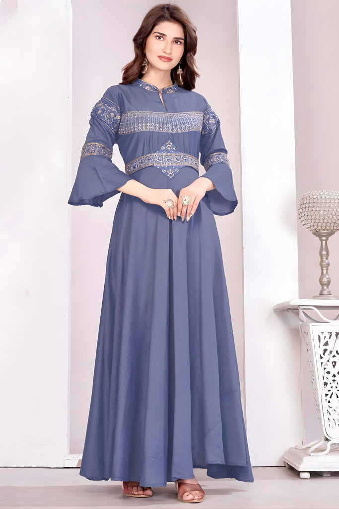 Trendy Grey Muslin Embroidered Party Wear Gown for Women