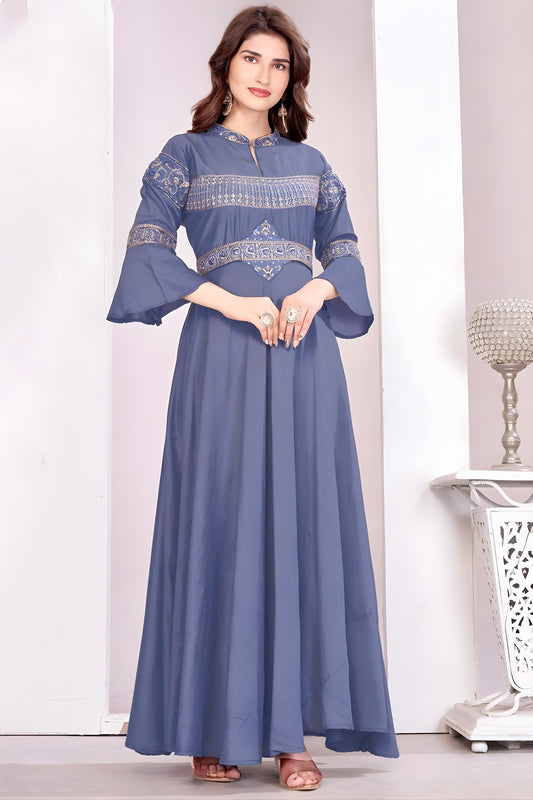Trendy Grey Muslin Embroidered Party Wear Gown for Women