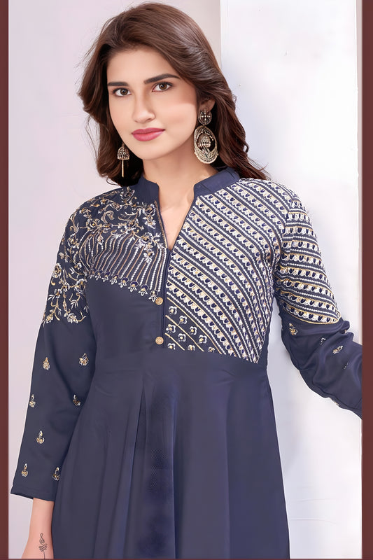 Fancy Dark Grey Muslin Embroidered Party Wear Gown for Women
