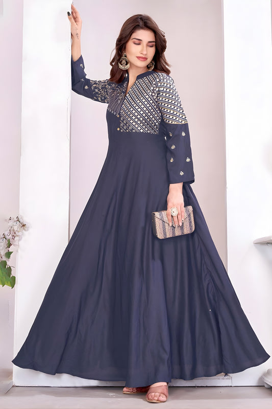 Fancy Dark Grey Muslin Embroidered Party Wear Gown for Women