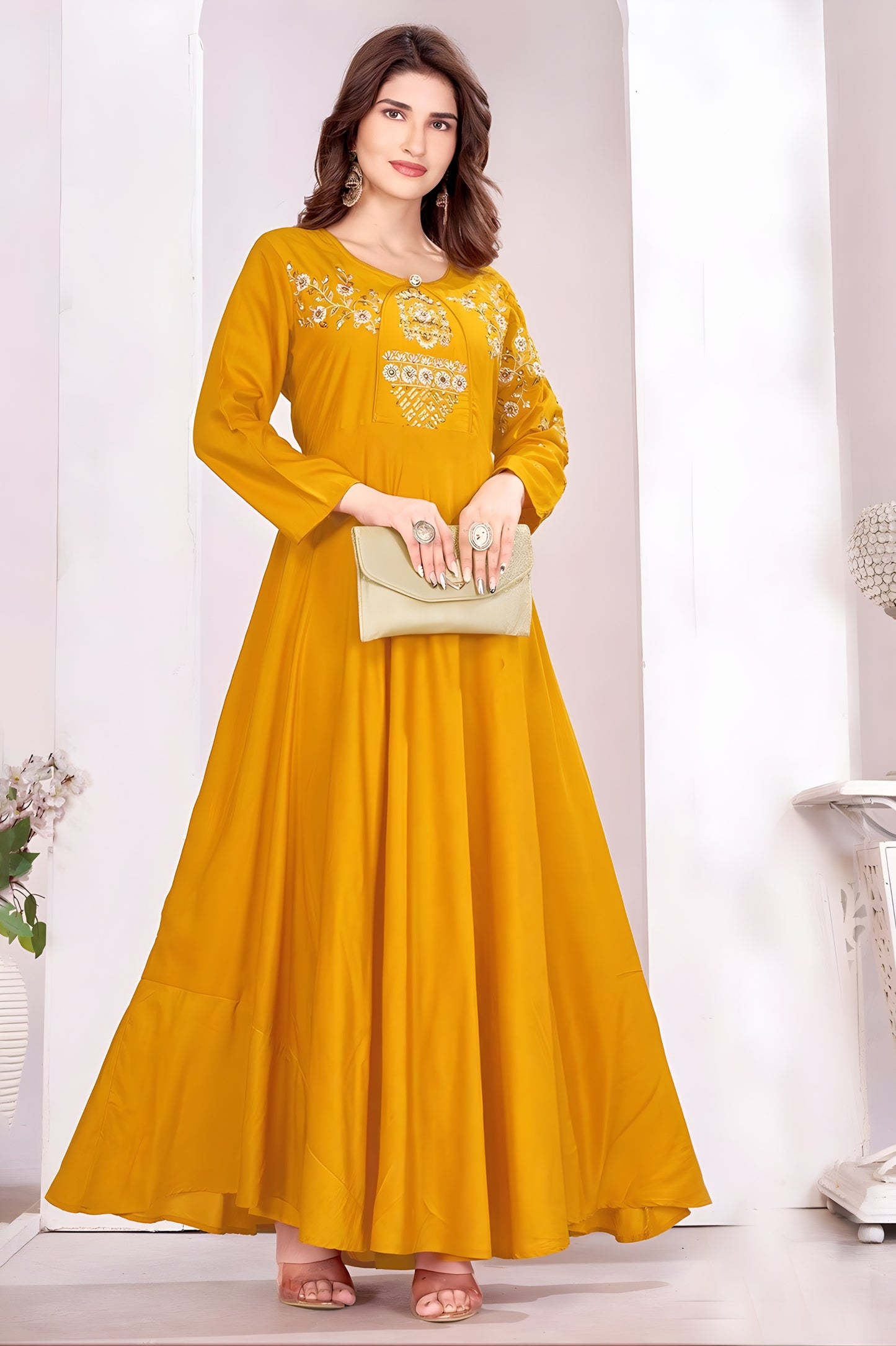 Wow Yellow Muslin Embroidered Party Wear Gown for Women