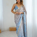 Blue Grey Floral Organza Saree Golden Lace Border Party Wear