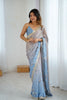 Blue Grey Floral Organza Saree Golden Lace Border Party Wear