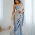 Blue Grey Floral Organza Saree Golden Lace Border Party Wear