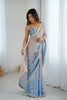 Blue Grey Floral Organza Saree Golden Lace Border Party Wear