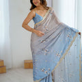 Blue Grey Floral Organza Saree Golden Lace Border Party Wear