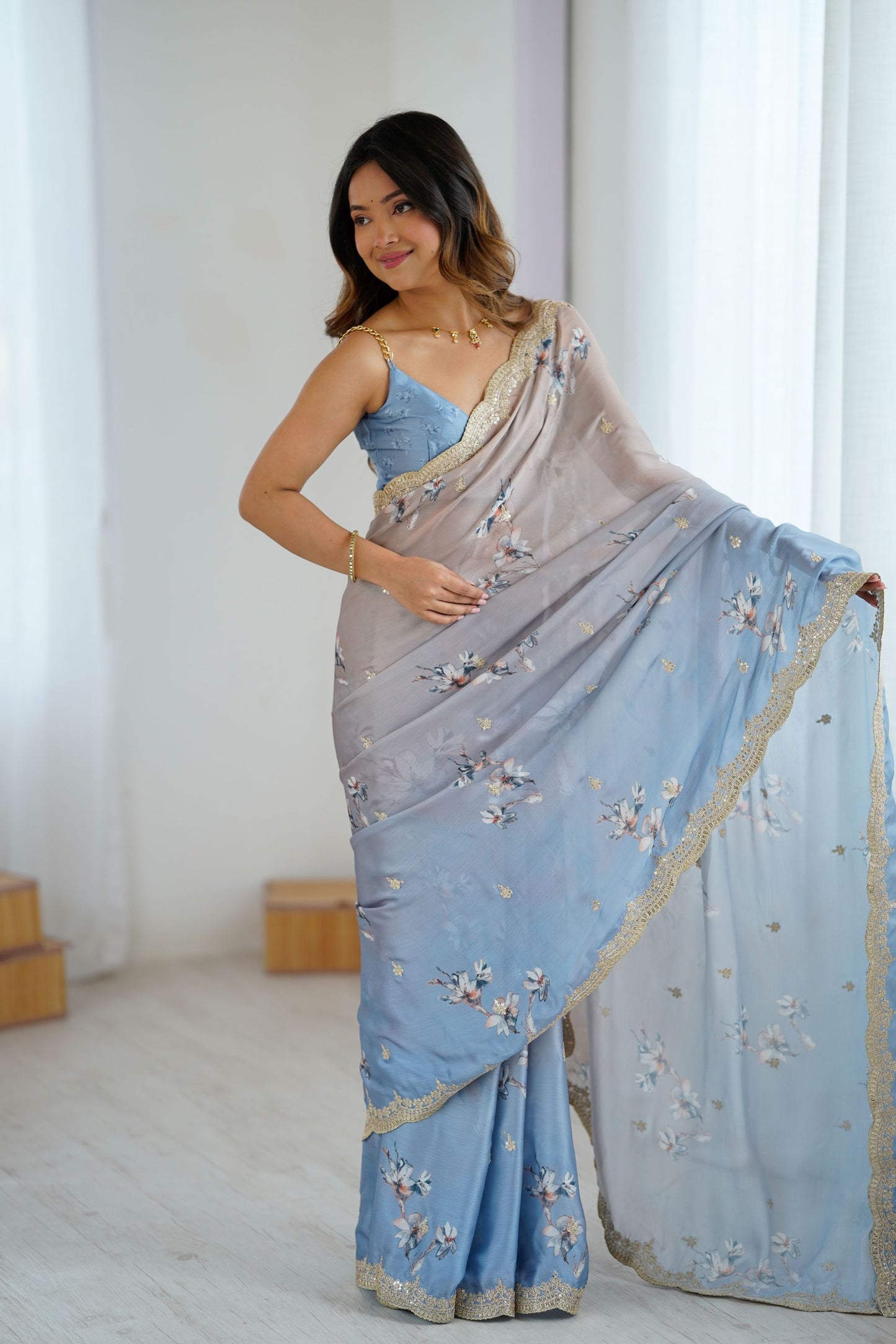 Blue Grey Floral Organza Saree Golden Lace Border Party Wear
