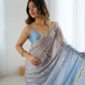 Blue Grey Floral Organza Saree Golden Lace Border Party Wear