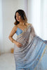 Blue Grey Floral Organza Saree Golden Lace Border Party Wear