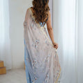 Blue Grey Floral Organza Saree Golden Lace Border Party Wear