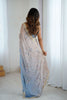 Blue Grey Floral Organza Saree Golden Lace Border Party Wear