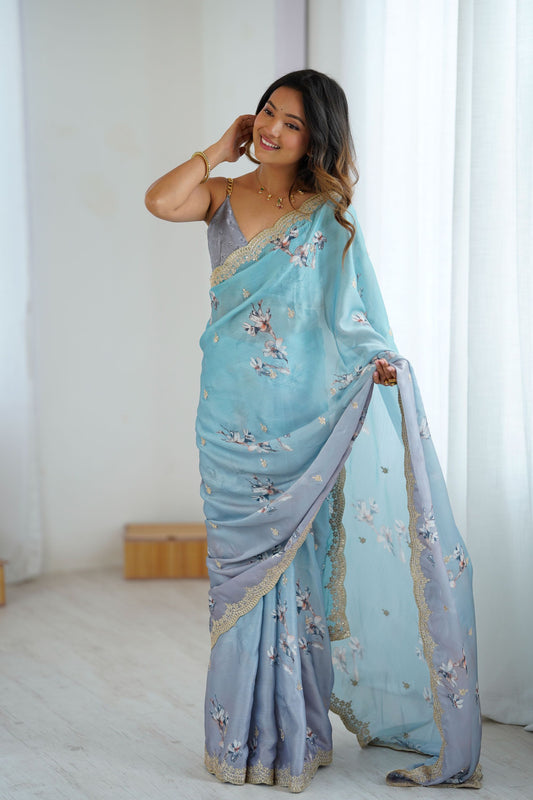 Pastel Blue Grey Floral Organza Saree with Golden Lace Border