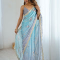 Pastel Blue Grey Floral Organza Saree with Golden Lace Border