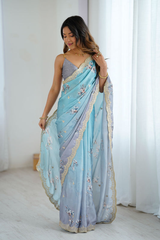 Pastel Blue Grey Floral Organza Saree with Golden Lace Border