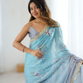 Pastel Blue Grey Floral Organza Saree with Golden Lace Border