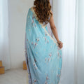 Pastel Blue Grey Floral Organza Saree with Golden Lace Border