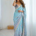 Pastel Blue Grey Floral Organza Saree with Golden Lace Border