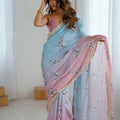 Pastel Pink Sky Blue Floral Organza Saree with Golden Lace Border