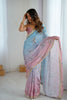 Pastel Pink Sky Blue Floral Organza Saree with Golden Lace Border