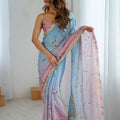 Pastel Pink Sky Blue Floral Organza Saree with Golden Lace Border