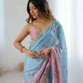 Pastel Pink Sky Blue Floral Organza Saree with Golden Lace Border