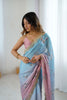 Pastel Pink Sky Blue Floral Organza Saree with Golden Lace Border