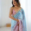 Pastel Pink Sky Blue Floral Organza Saree with Golden Lace Border