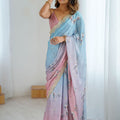Pastel Pink Sky Blue Floral Organza Saree with Golden Lace Border