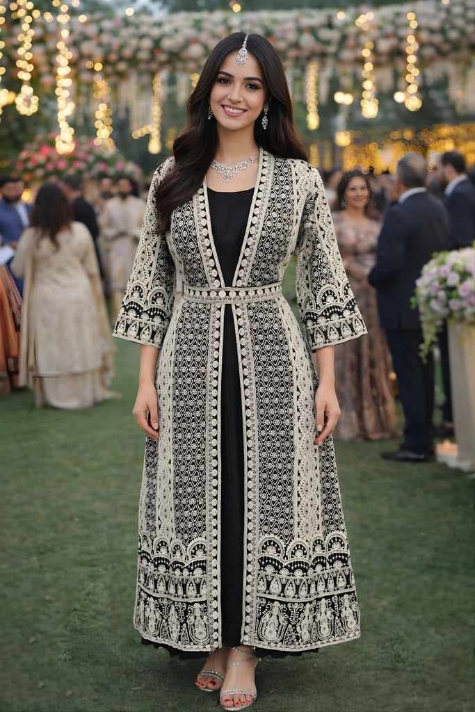 Elegant Black Heavy Embroidered Chinon Party Wear Gown with Jacket
