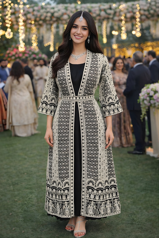 Elegant Black Heavy Embroidered Chinon Party Wear Gown with Jacket