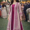 Stunning Magenta Heavy Embroidered Chinon Party Wear Gown with Jacket