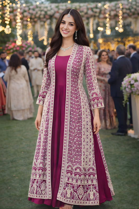 Stunning Magenta Heavy Embroidered Chinon Party Wear Gown with Jacket