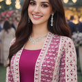 Stunning Magenta Heavy Embroidered Chinon Party Wear Gown with Jacket