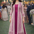 Stunning Magenta Heavy Embroidered Chinon Party Wear Gown with Jacket