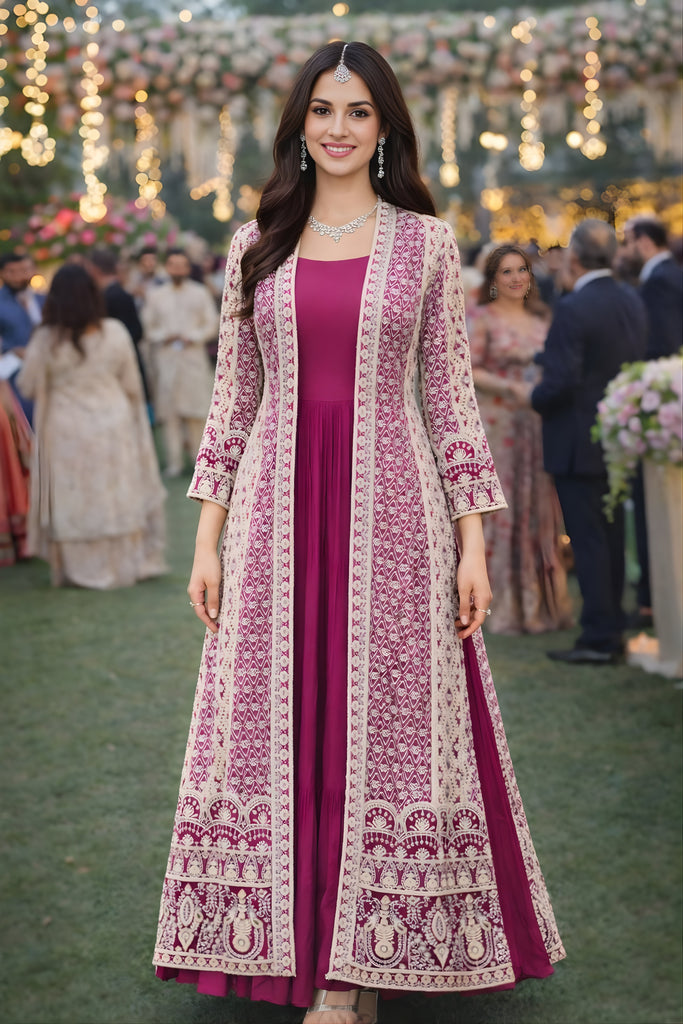 Stunning Magenta Heavy Embroidered Chinon Party Wear Gown with Jacket