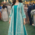 Superb Teal Green Heavy Embroidered Chinon Party Wear Gown with Jacket