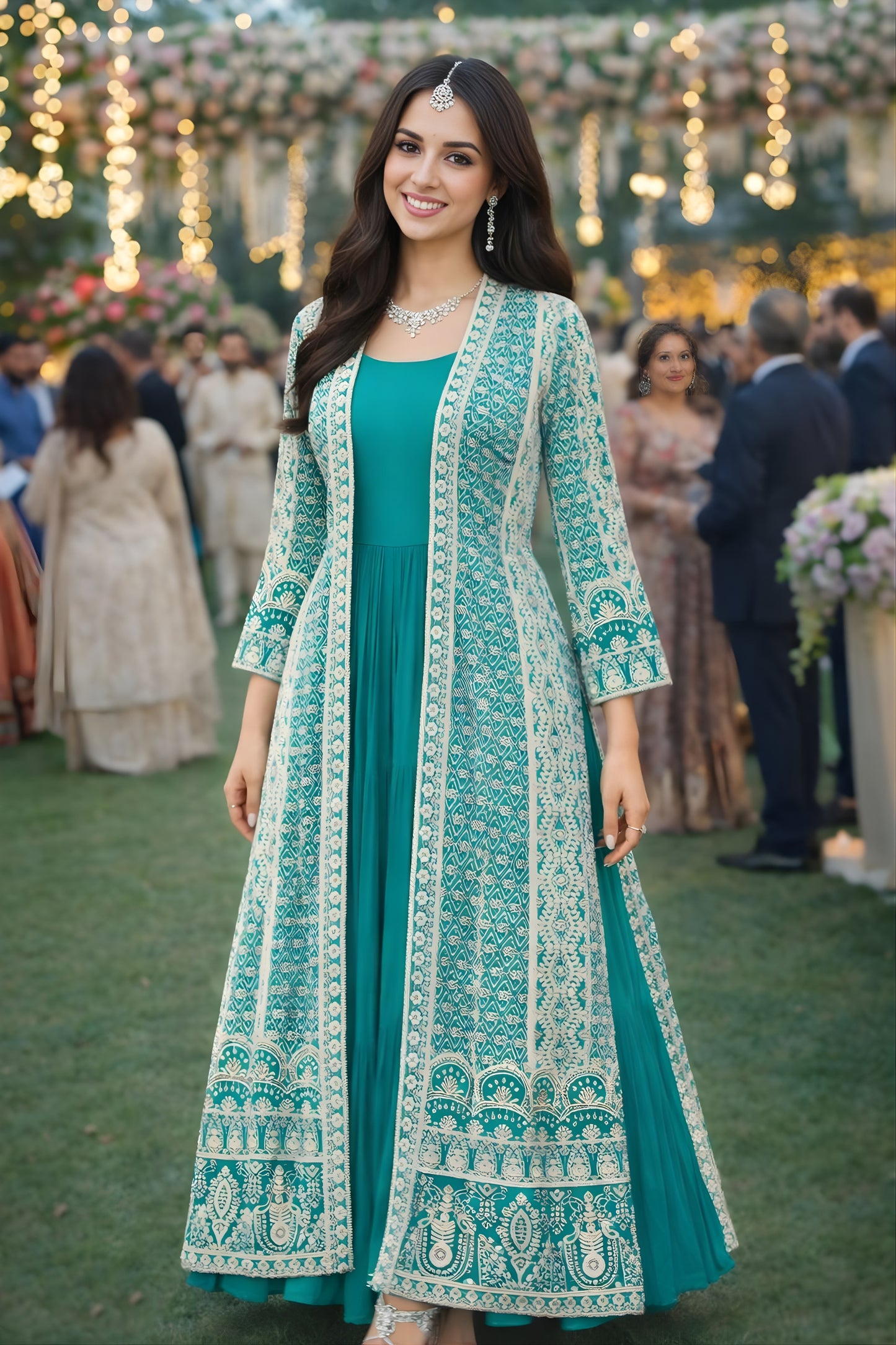 Superb Teal Green Heavy Embroidered Chinon Party Wear Gown with Jacket