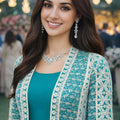 Superb Teal Green Heavy Embroidered Chinon Party Wear Gown with Jacket