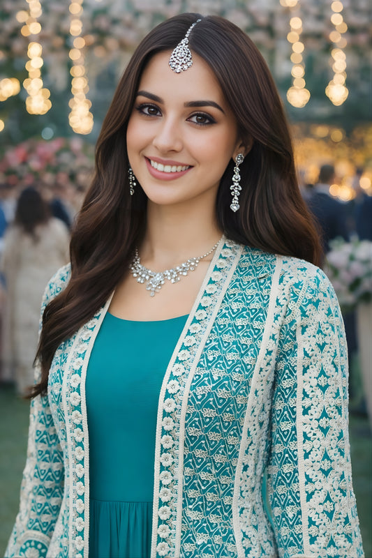 Superb Teal Green Heavy Embroidered Chinon Party Wear Gown with Jacket